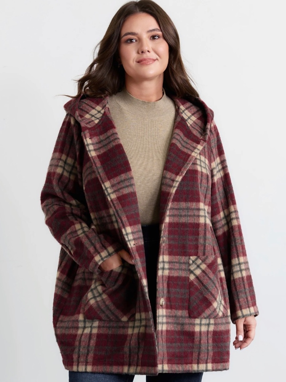 BloomChic Plaid Jacket with Hood Burgundy Size 28 NWT 100% Polyester Button Up